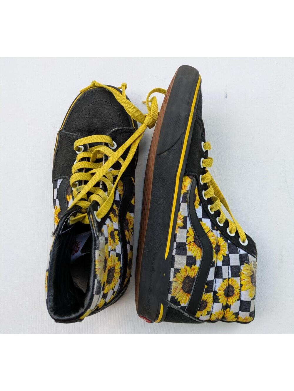 VANS Customs SK8-Hi Sunflower Checkerboard Skate Shoes, Yellow Black